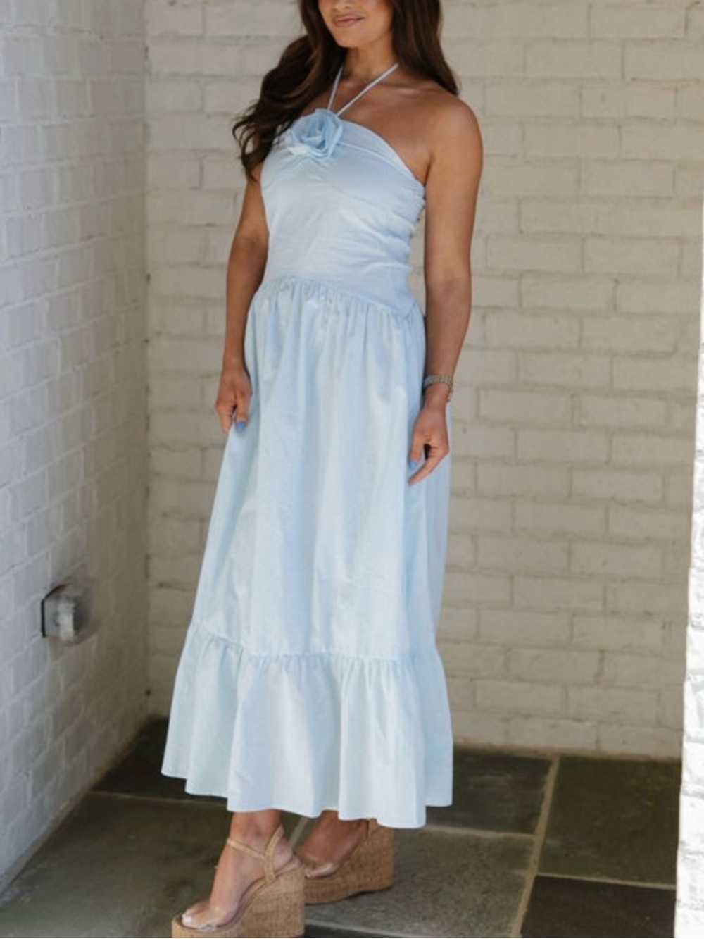 Light Blue Halter Maxi Dress with Floral Accent